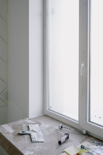 The image shows a small corner of an interior room with a large white-framed sliding glass door that leads to an outside balcony or terrace area, which is mostly obscured by bright, diffuse natural light. The window frame appears to be newly installed but is temporarily unfinished, with visible white plastic components and some protective film. In the foreground on the floor, there are visible construction tools and materials, including a putty knife, a small roller, and a tube of sealant or adhesive, all situated on a dusty or unfinished surface that suggests ongoing renovation work. To the left, a section of light-colored wall with partially visible horizontal paneling or cladding is present, indicating a recent or in-progress interior upgrade. The overall scene suggests a setting undergoing refurbishment, where the installation of the window may relate to property upgrade projects that can involve waste removal or private disposal services like those offered by Rubbish Clearance Pimlico, supporting professional waste clearance for renovation debris.